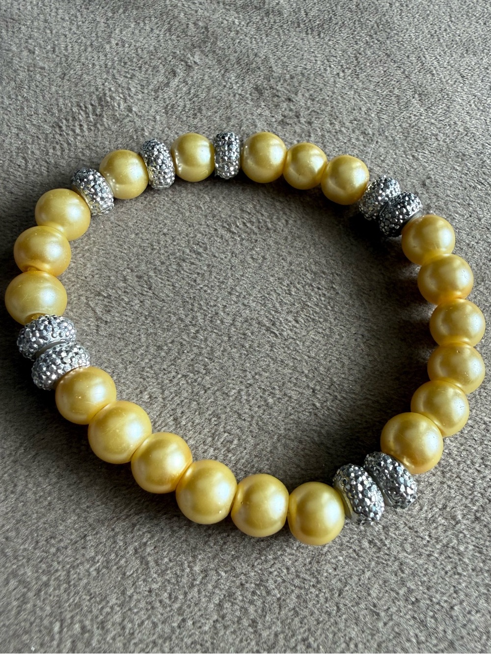 Gold Pearl Bead Stretch Bracelet with Silver Crystal Spacers